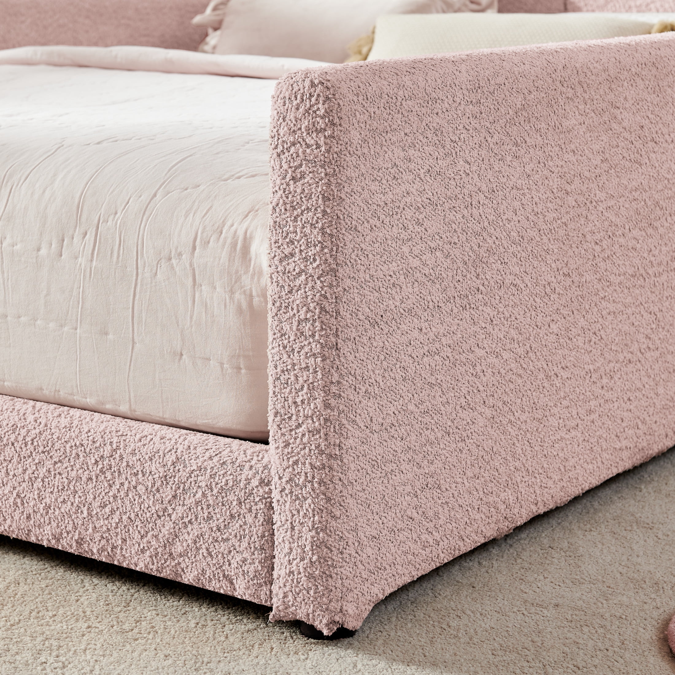 Noble House Ciara Full Boucle Upholstered Platform Bed, Cute Rabbit Ear Headboard Bed with Safety Guardrail, Pink