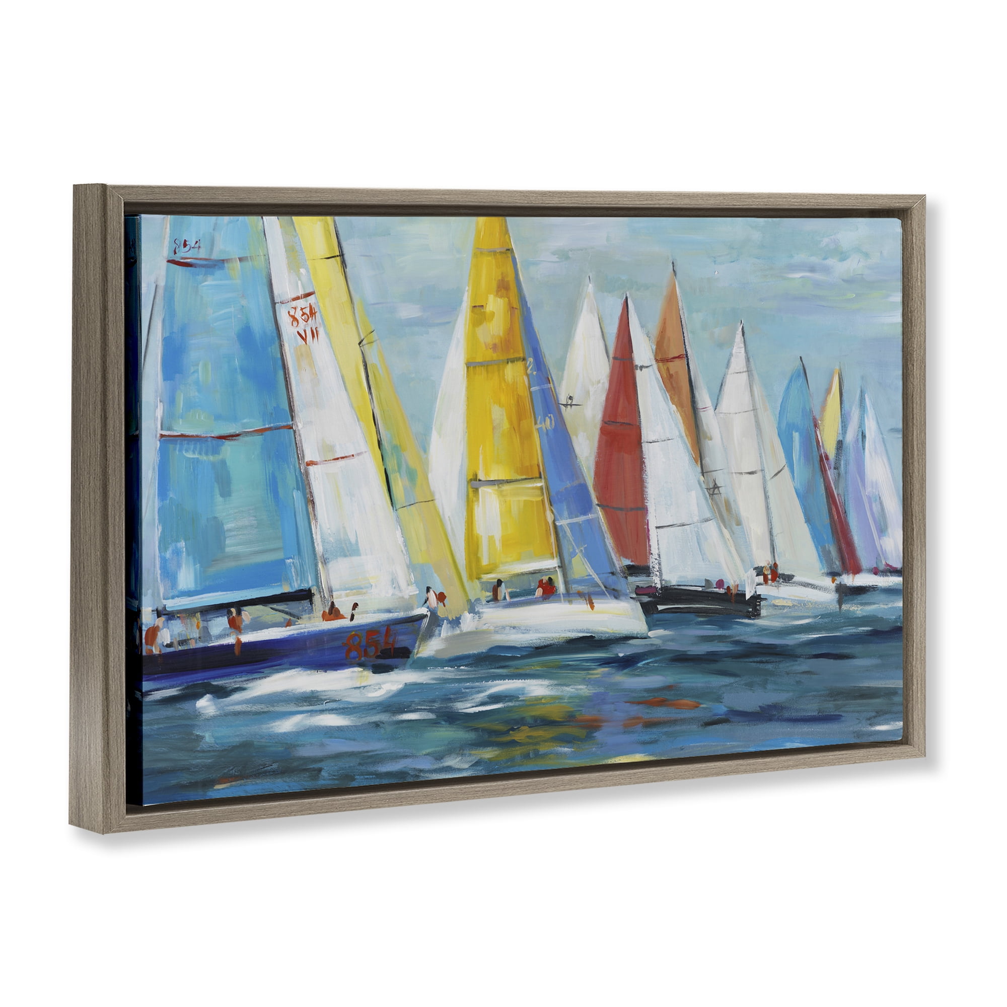 Stupell Industries Colorful Sails Coastal Scene Brown Framed Floater Canvas Wall Art, design by Lorenzo Collective