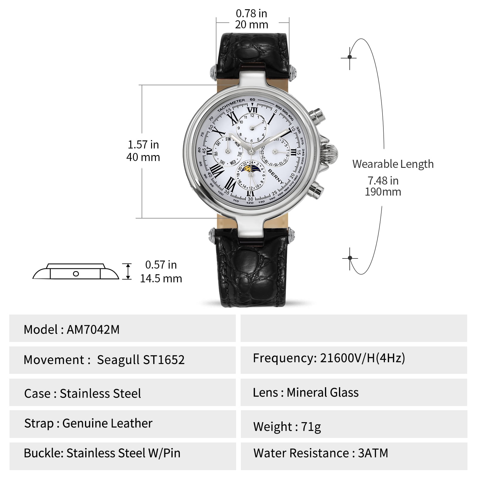 BERNY Automatic Watch for Men Classic Mechanical Self Winding Wristwatch 3ATM Waterproof Multi-Functional Dials Date, Week, Month and Moon Phase