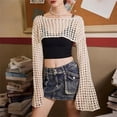 thumbnail image 3 of Aellinatey Women Mesh Crochet Crop Top Long Sleeve Hollow-Out Cropped Knitted Sweater, 3 of 14