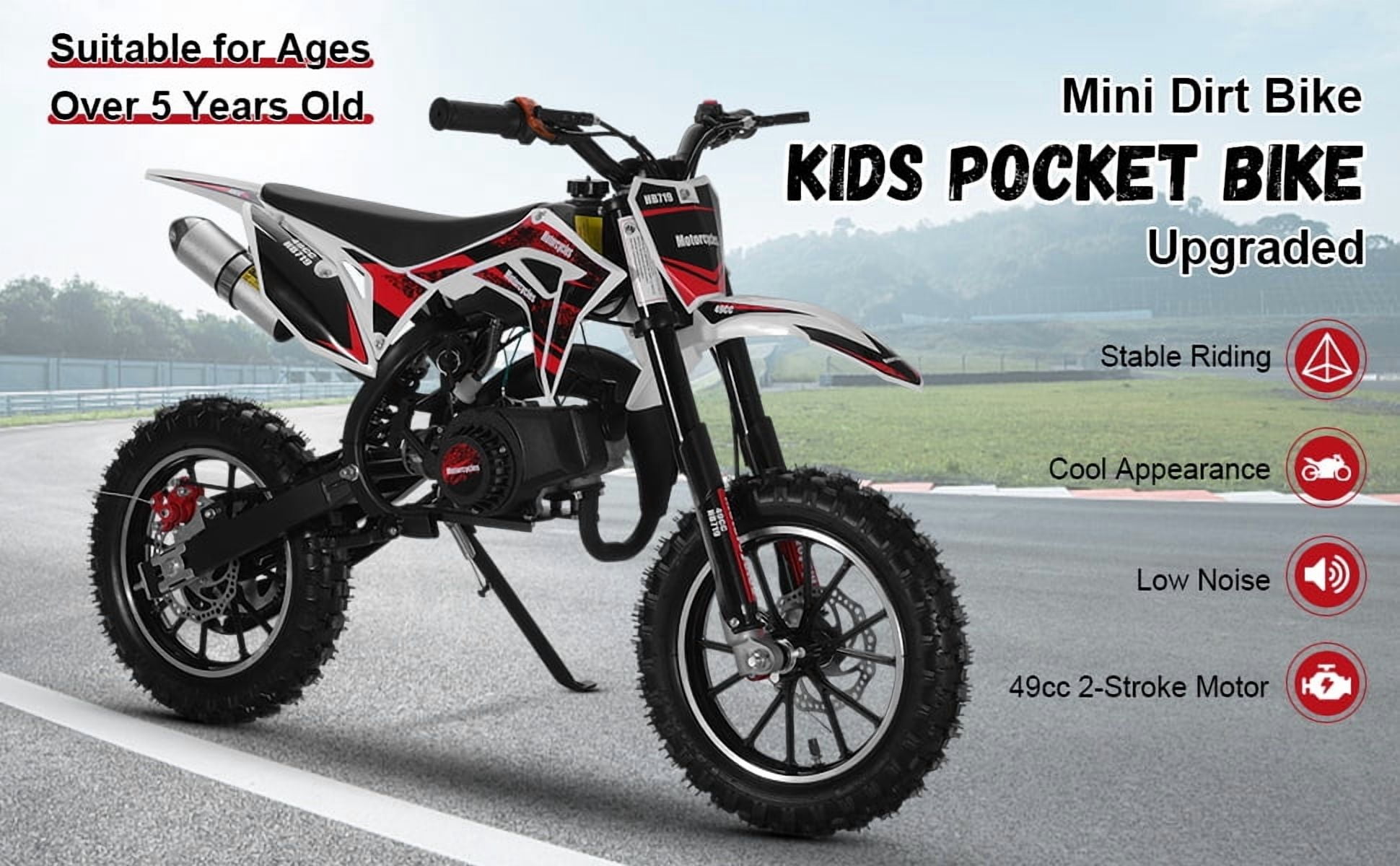 Korogimeeet Black 49cc 2-Stroke Gas Mini Dirt Bike, Upgraded Rear Fork Spacer Reduces Chain Drop, Disc Brakes, 10 Inch Tires, 40KM/H, 150kg Load, 47 x 28 Inch