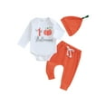 thumbnail image 1 of Gupgi Halloween Baby Boy Girl Outfit Letters Pumpkin Print Romper Pants with Hat Fall Infant Clothes Set, 1 of 9
