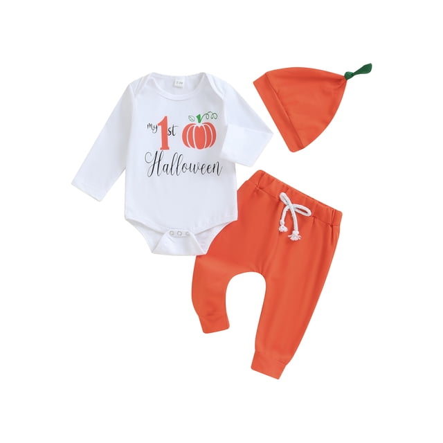 Gupgi Halloween Baby Boy Girl Outfit Letters Pumpkin Print Romper Pants with Hat Fall Infant Clothes Set