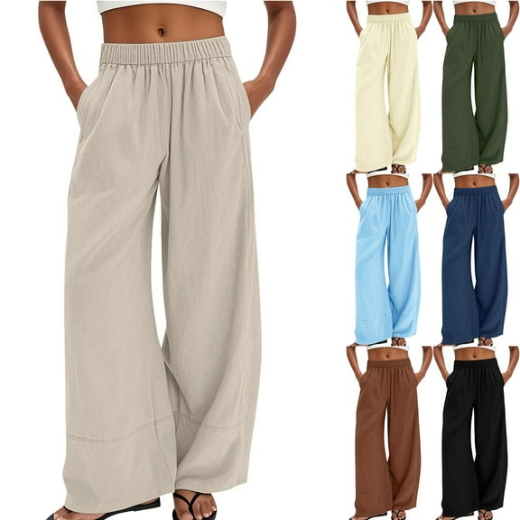 Women's Straight Leg Casual Pants with Elastic Waist and Pockets Comfortable Loose Fit Long Trousers for Everyday Wear