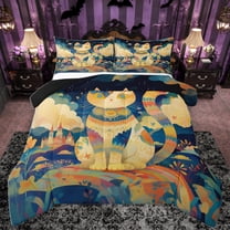 Homewish Boho Bohemain Style Bedding Comforter Set,Retro Cat Kitten Twin Comforter Sets,Beige Blue Bedding Set For Girl,Microfiber Bedroom Decor Reversible,2 Pieces