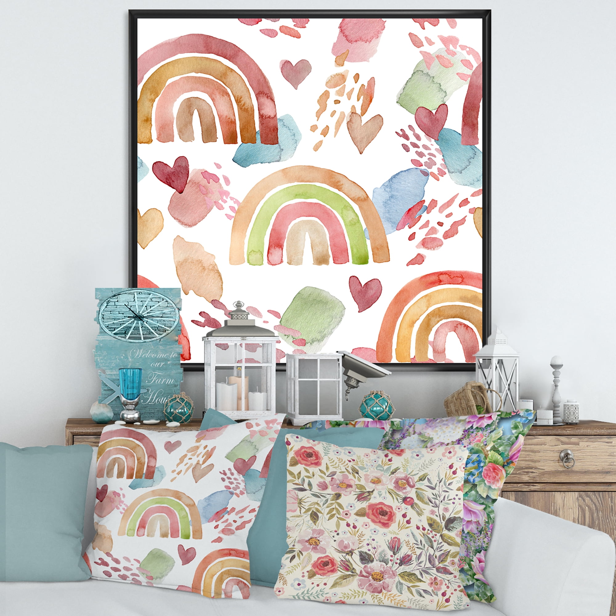 ed Rainbows Hearts and Clouds 30 in x 30 in Framed Painting Canvas Art Print, by Designart