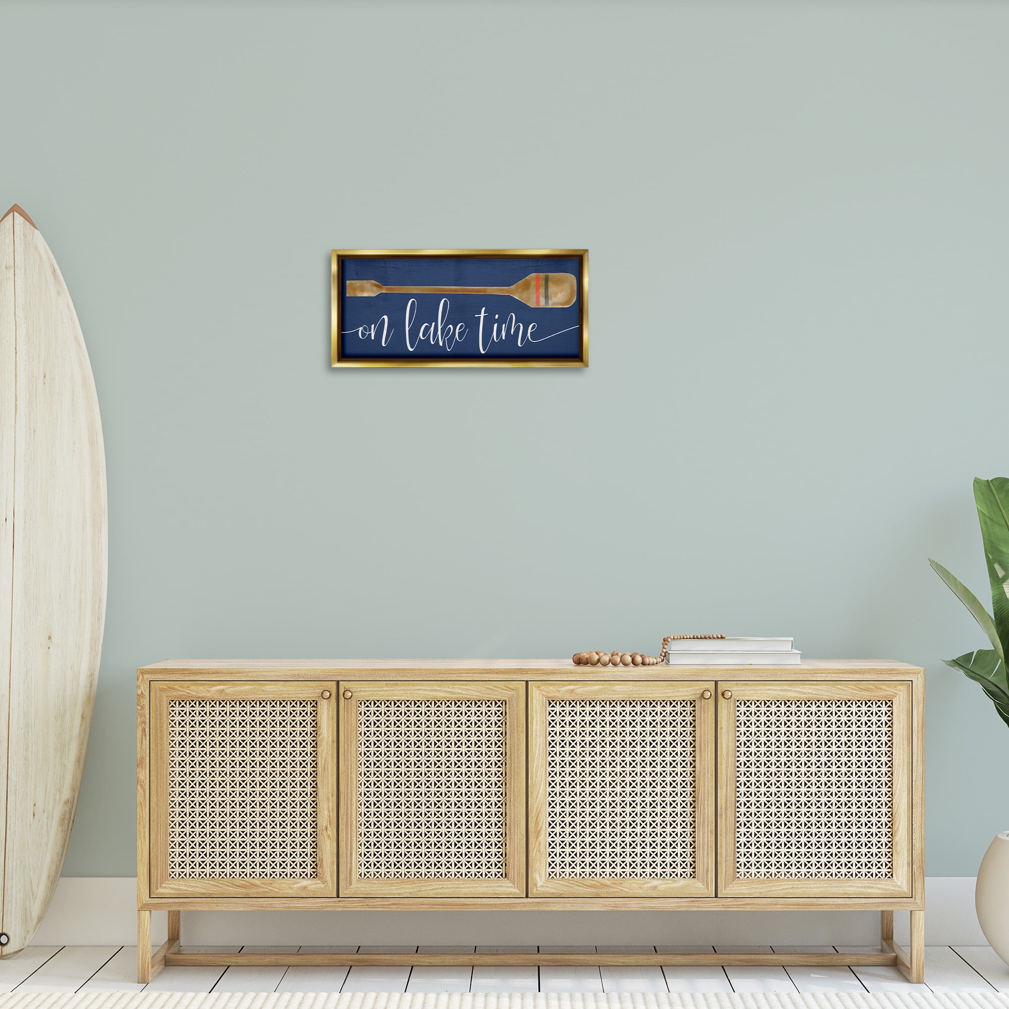 Stupell Industries On Lake Time with Oar Typography Painting Gold Floater Framed Canvas Art Print Wall Art, 25 x 11