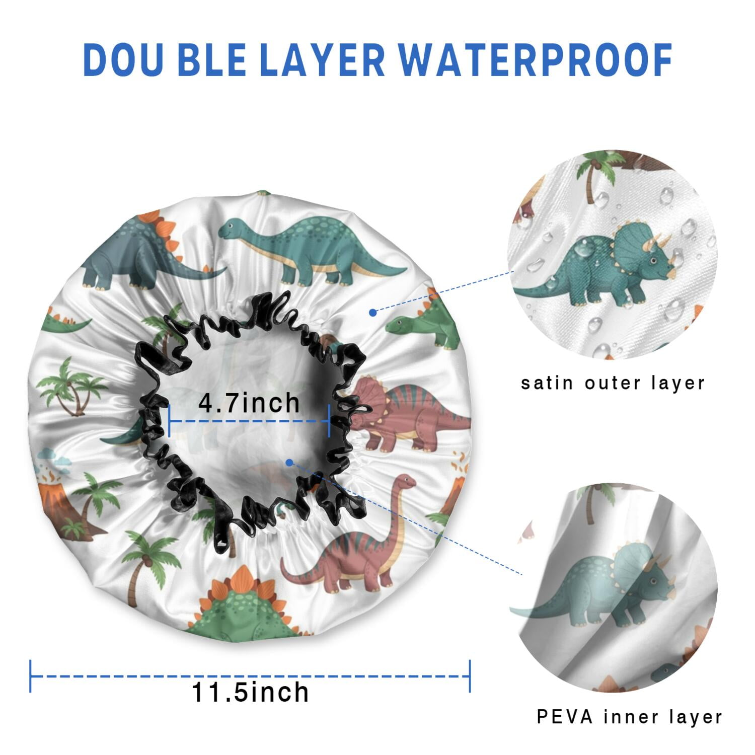 Shower Caps,White Cartoon Dinosaurs Volcanoes Pattern Waterproof Shower Cap for Women 4 Pieces,Double Reusable Hair Cover for Shower PEVA Elastic Stretch Hem