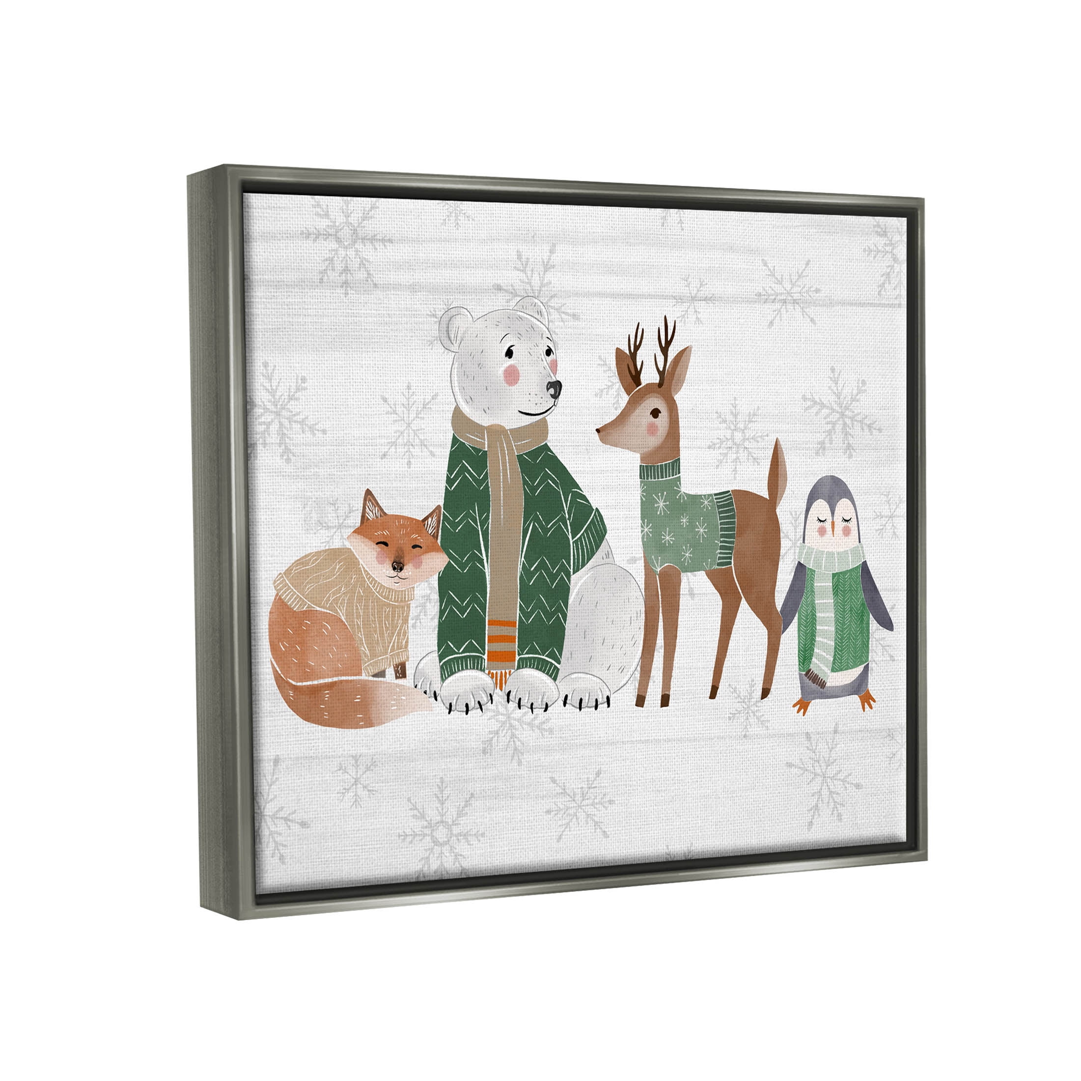 Stupell Industries Winter Wildlife Animals Snowflakes Graphic Art Luster Gray Floating Framed Canvas Print Wall Art, Design by The Saturday Evening Post