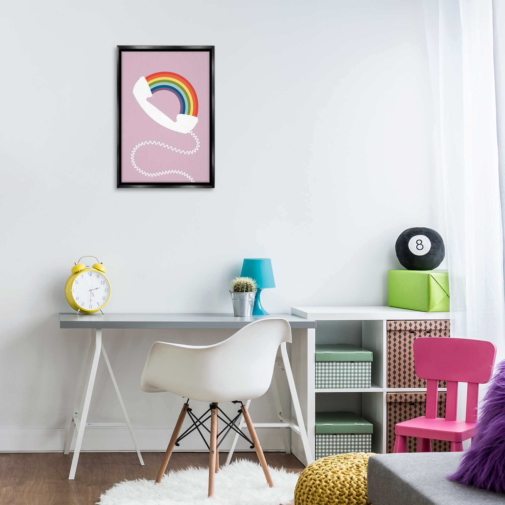 Stupell Industries Rainbow Phone on Pink Novelty Painting Black Floater Framed Art Print Wall Art, 17 x 25