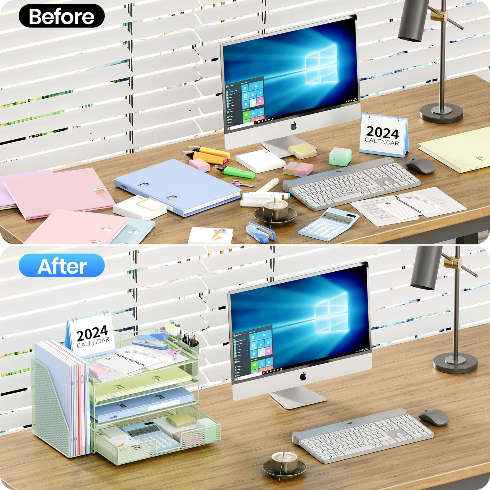 Desk Organizer  4-tier Desktop File With Drawer And 2 Pen Holders Office Accessories Sorters Workspace Organizers For Supplies(green)
