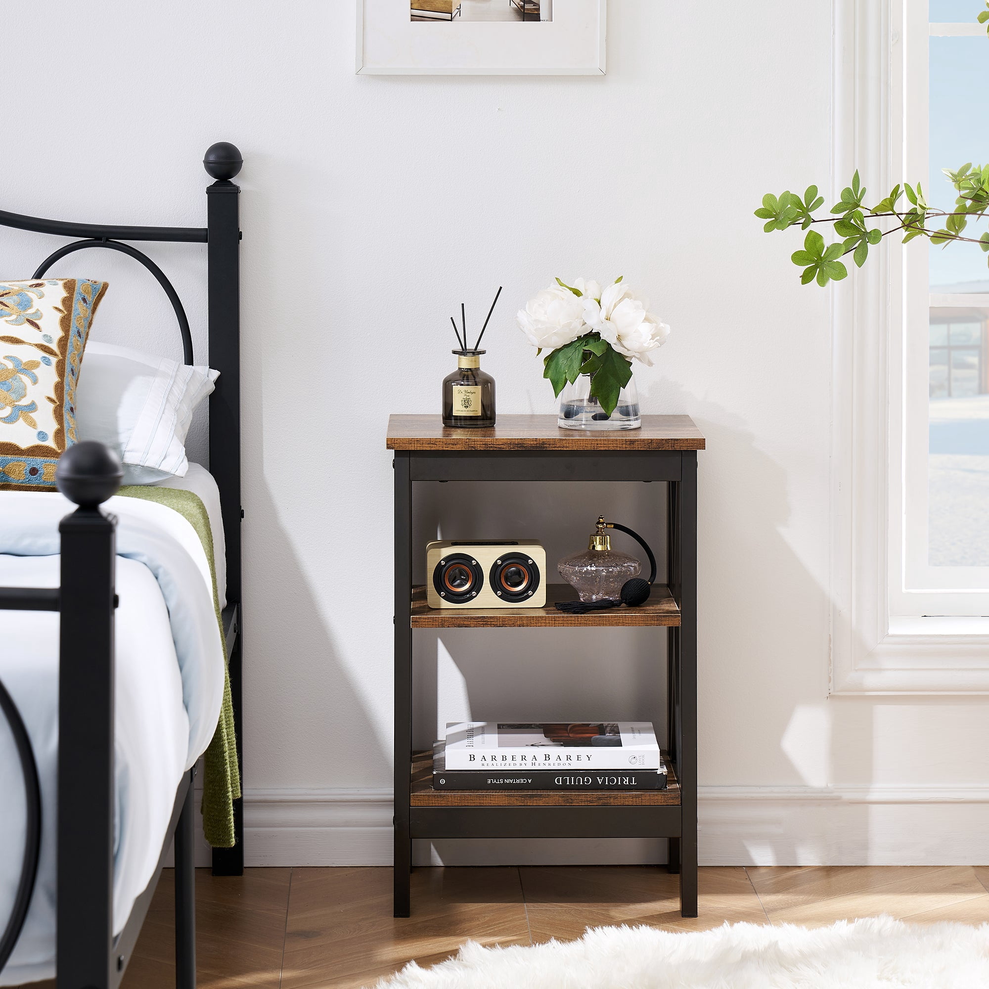 VECELO Set of 2 Nightstand with 3-Tier Shelf, Side End Table for Living Room, Bedroom, Brown
