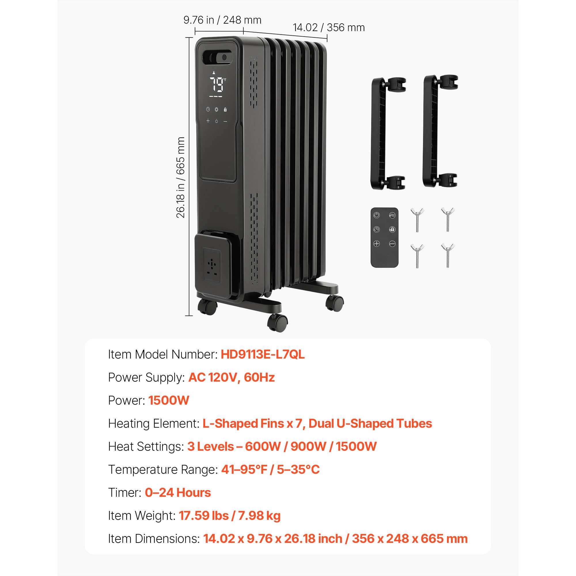 KFFKFF Electric Oil-Filled Radiator, 1500W Space Heater with Dual U-Shaped Heating Elements, Safety Features, Adjustable Heat Levels, 24-Hour Timer, Wheels for Mobility, Remote Control, Black