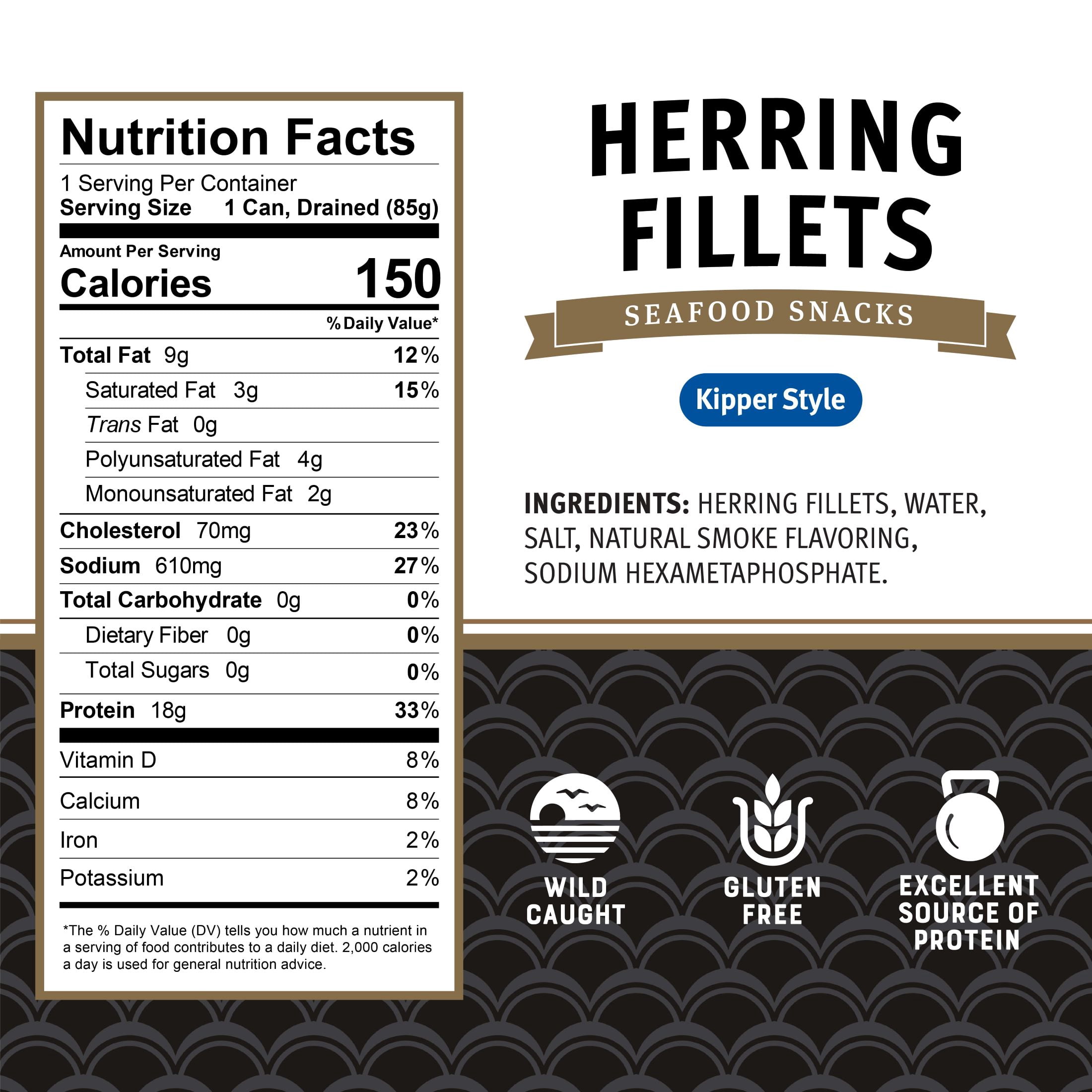 (12 pack) Brunswick Kippered Seafood Snack, Wild Caught Herring Fillets, Gluten Free, 18g Protein per Serving, Shelf Stable Tin Can, 3.53 oz