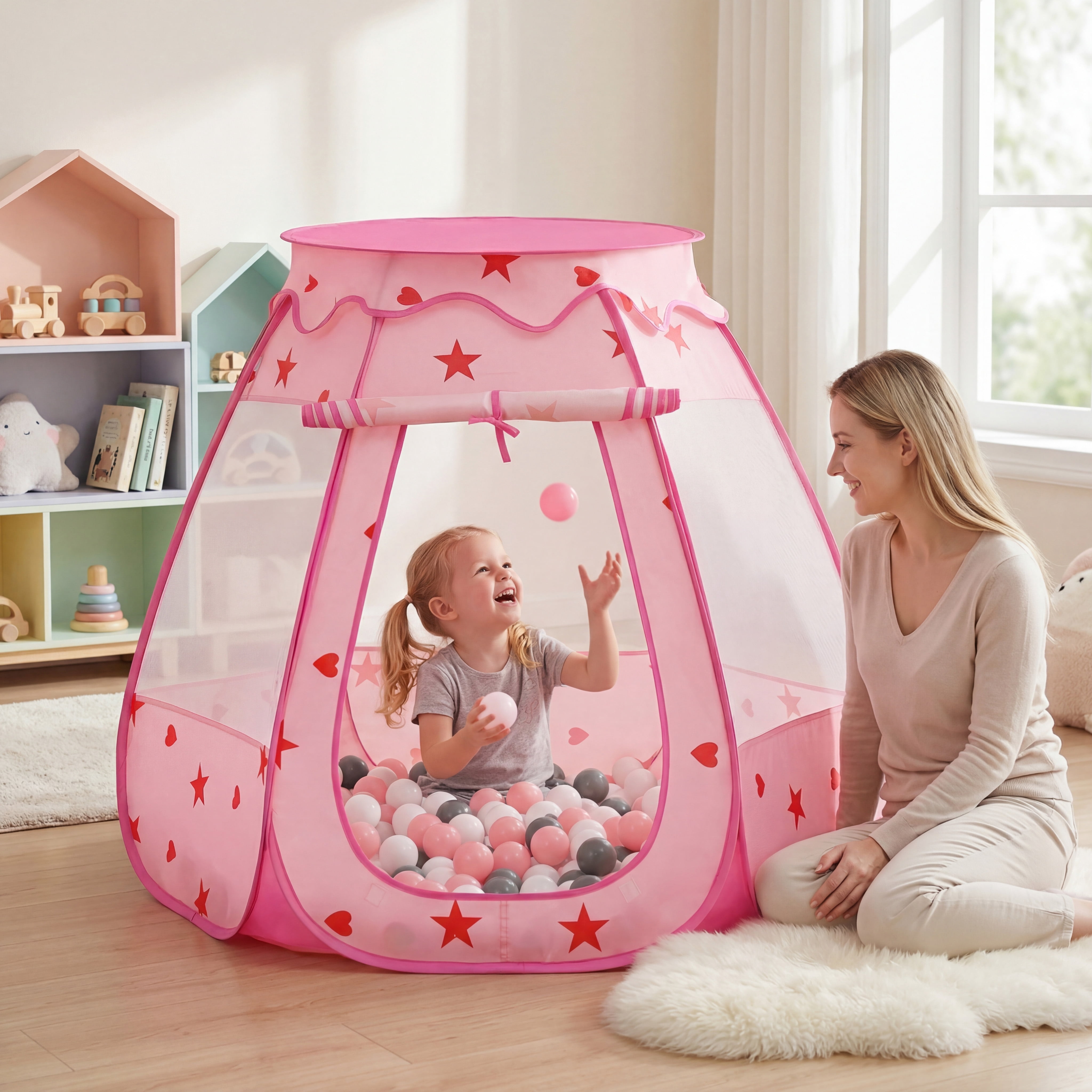 PigPigPen Princess Pop up Ball Pit for Toddlers with 50 Balls and Carry Bag, Pink/White/Gray