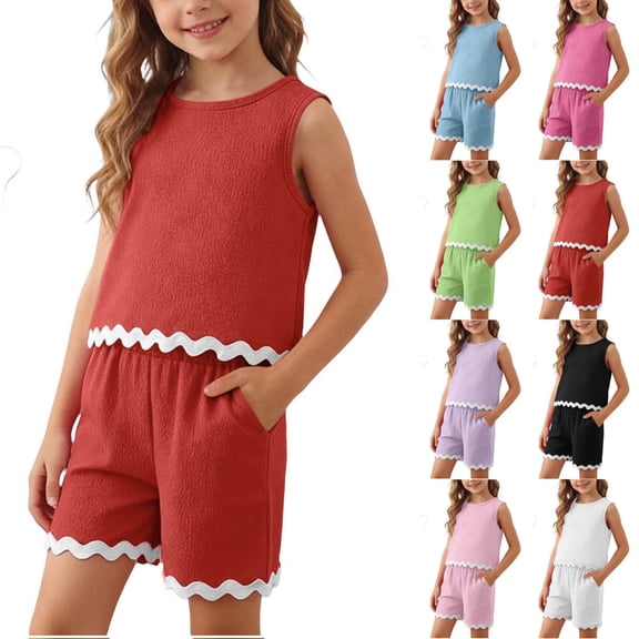 Ultrave Girls Summer Cute Outfit, Sleeveless Wavy Trim Top Elastic Waist Shorts Set, Cute Casual Clothes