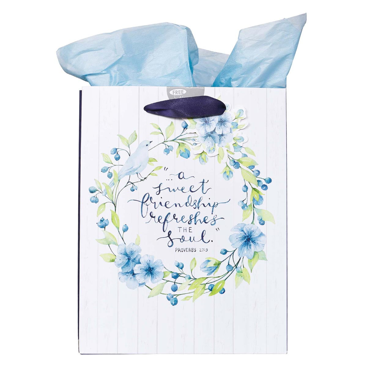 Blue Floral Gift Bag w/Tissue Paper: A Sweet Friend Proverbs 27:9 Verse, Medium