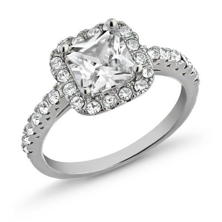 Rhodium Plated Brass Ring - Rhodium Plated Brass 7mm Princess-Cut CZ Halo Ring