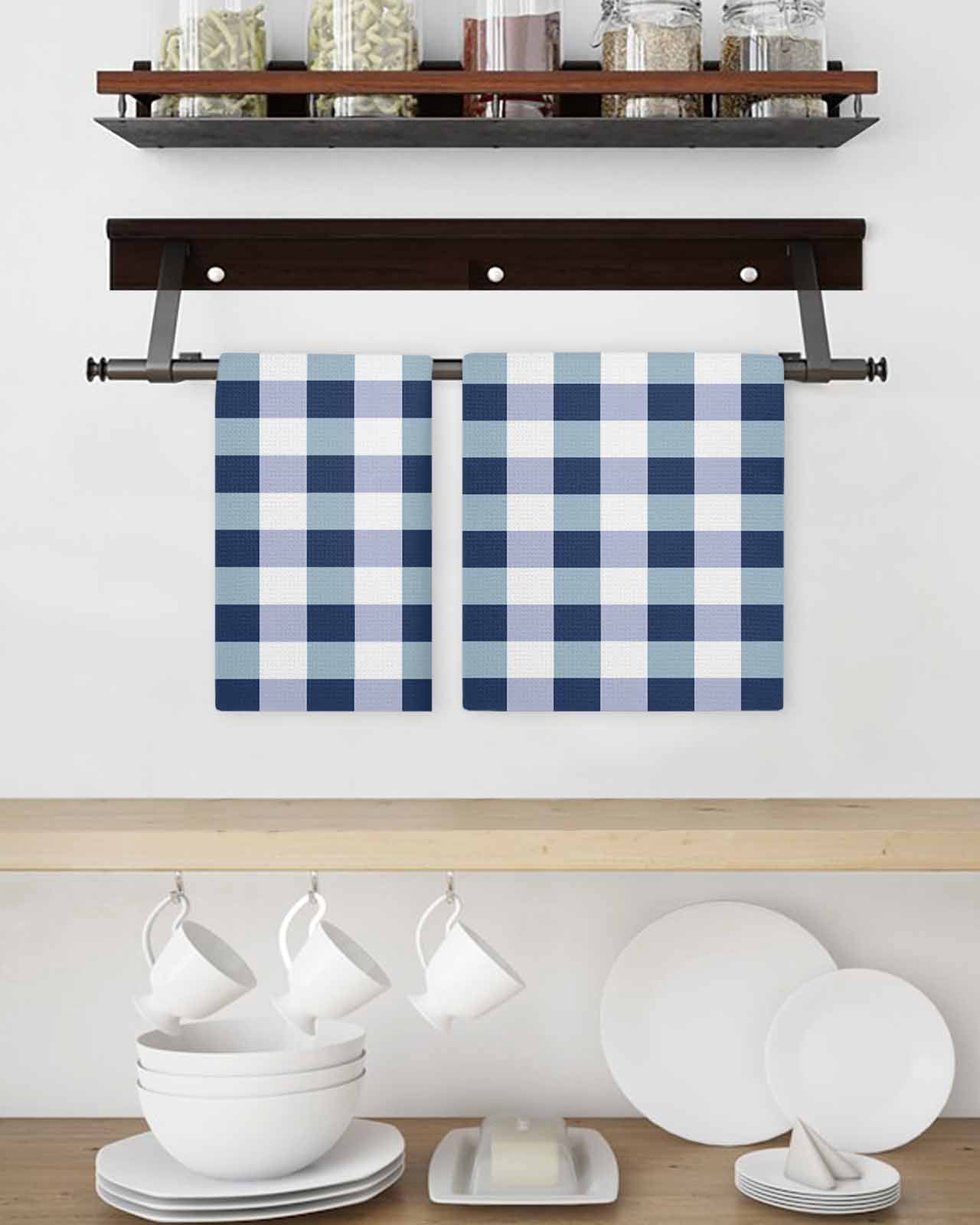 Navy Blue Plaid Kitchen Dish Towels for Drying Dishes Set of 4, Spring Farmhouse Buffalo Checkered Waffle Weave Microfiber Hand Tea Bathroom Towels Quick Dry & Absorbent Towel 15.7x23.6