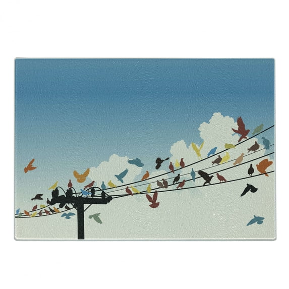 Colorful Cutting Board, Animal Theme Silhouettes of Colorful Birds Roosting on Telegraph Wires Pattern, Decorative Tempered Glass Cutting and Serving Board, Small Size, Multicolor, by Ambesonne