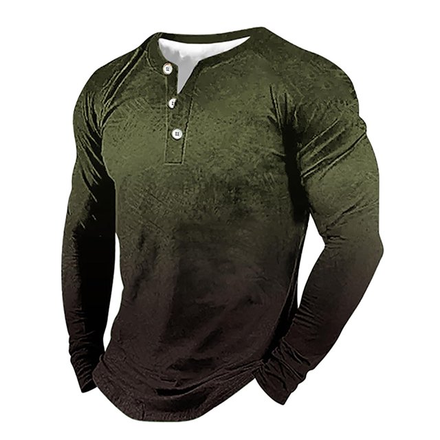 IDALL Long Sleeve Shirts for Men Button Down Shirt Men Mens Shirts Men's Long Sleeved Three Button T Shirt 3D Gradient Printed Pullover T Shirt Work Shirts for Men Army Green Xl