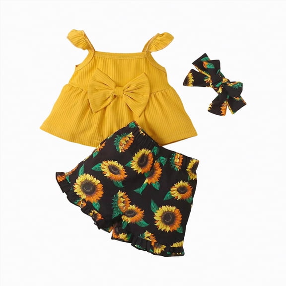 TAmten Toddler Girl Clothes Baby Girl Summer Outfits Ruffle Sleeveless Shirts Tops Shorts Set for Girl Clothing(Yellow,12-18 Months)