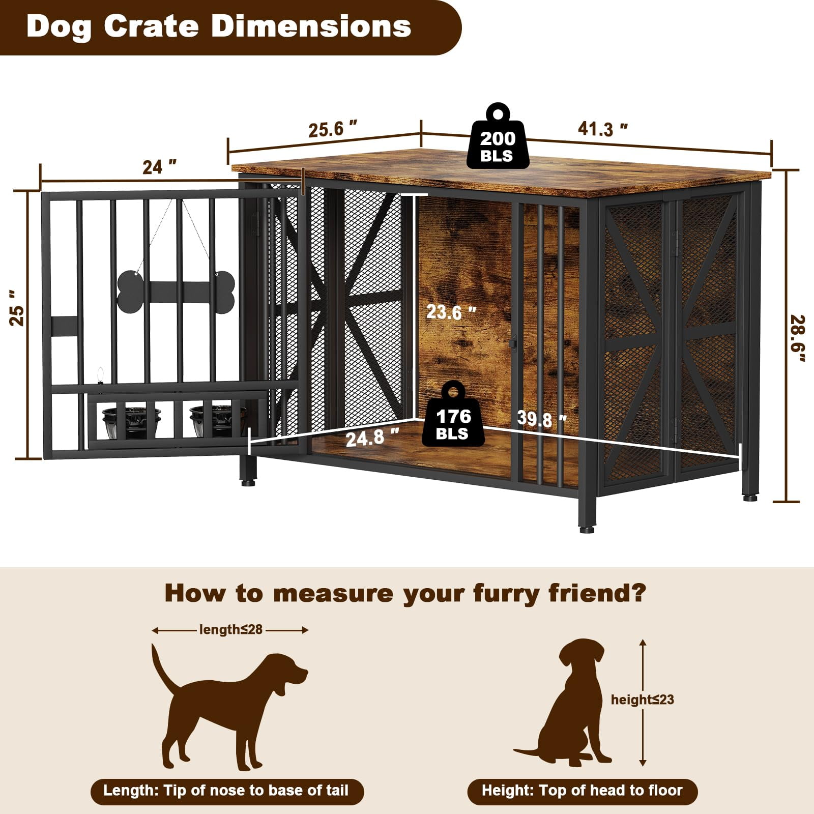 POAO Foldable Large Dog Crate Furniture, 41.3"Assembly-Free Dog Crates for Large Dogs, Wooden Dog Kennel Indoor with Tag & Dog Bowls, Rustic Brown