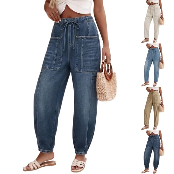 Miqool Women's Baggy Jogger Jeans Low Rise Drawstring Elastic Denim Pants Loose Casual Workwear Pants with Pockets