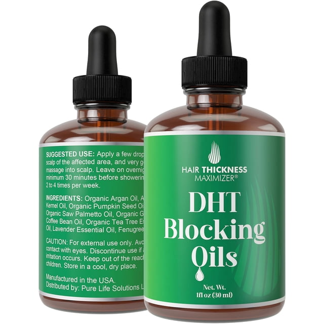 sérum bloqueador de dht hair thickness maximizer 30 ml vegano, frasco ámbar con cuentagotas negro en vista frontal y posterior; etiqueta verde con texto blanco 'DHT Blocking Oils' y logo Hair Thickness Maximizer visibles, etiqueta trasera con instrucciones de uso e ingredientes legibles, líquido claro dentro del vidrio. También apto como aceite tópico para masajes localizados en el cuero cabelludo cuando se usa según indicaciones.
