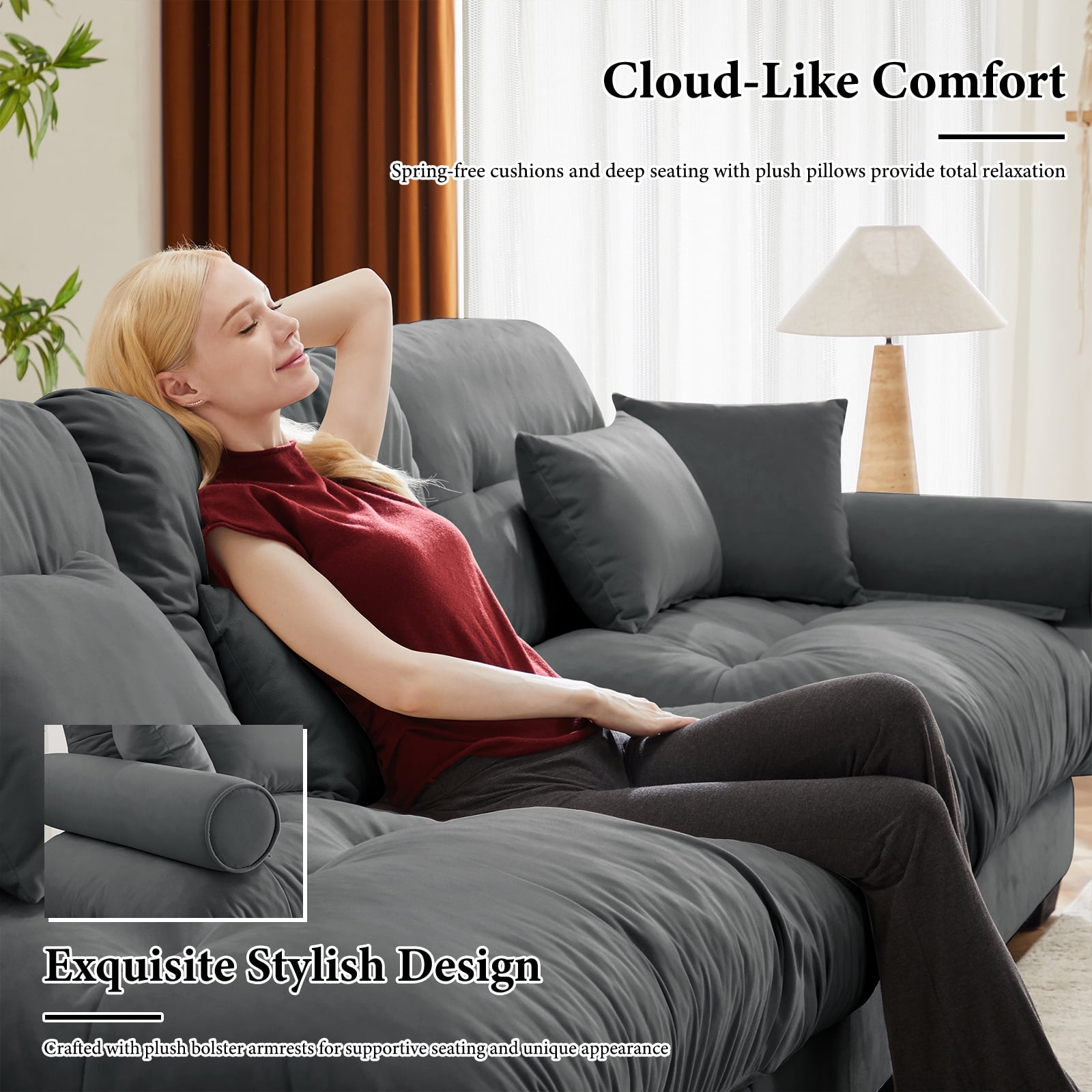 166" Grey Modular Sectional Sofa, 4 Seater Large Sectional Couches for Living Room, Velvet Fabric Oversized Fluffy Cloud Couch with Ottoman, Deep Seat Home Sofas Set, Sofá Moderno