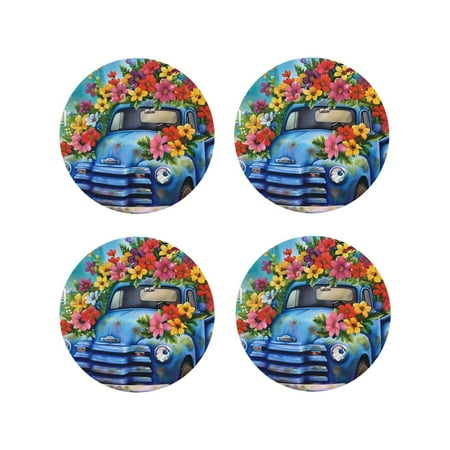 

Vsdgher Floral Truck Welcome Leather Coasters for Drinks Durable Drink Coasters 4 Set for Tabletop Protection Luxurious Home Décor and Housewarming Gift-Round Shape