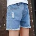 thumbnail image 4 of ATOGUTA Girls Stretchy Denim Shorts Ripped Ruffle Hem Elastic Waist Straight Leg Jean Shorts Blue, Size 3-12 Years, 4 of 6