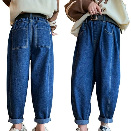 

QUDDERR Kids Girls Straight Jeans Denim Jeans for 4-13Y Solid Color Elastic Pocket Lace Casual Everything
