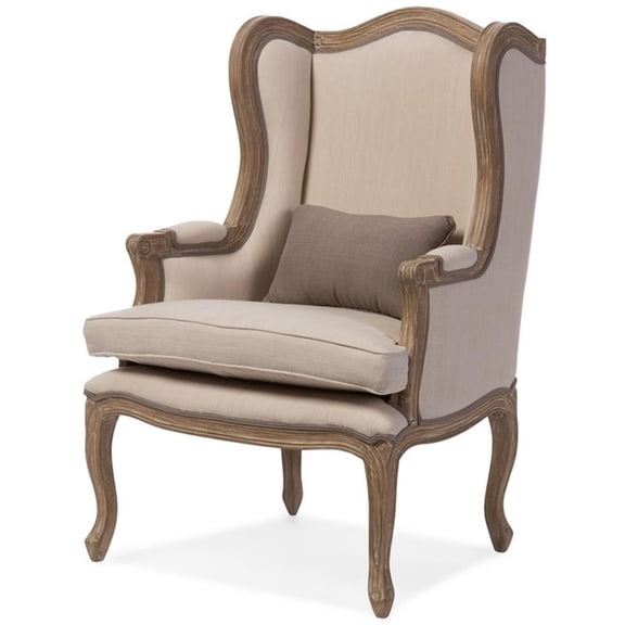 Baxton Studio Oreille French Provincial Style White Wash Distressed Two-tone Beige Upholstered Armchair