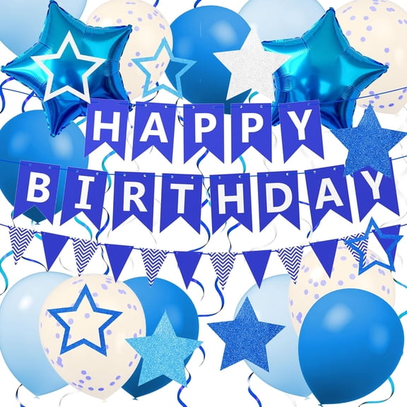 TickJOY Blue Happy Birthday Decorations for Boys Girls Men Women with Happy Birthday Banner, Foil Star Balloons, Latex Balloons, Pennant Banner, Hanging Swirls