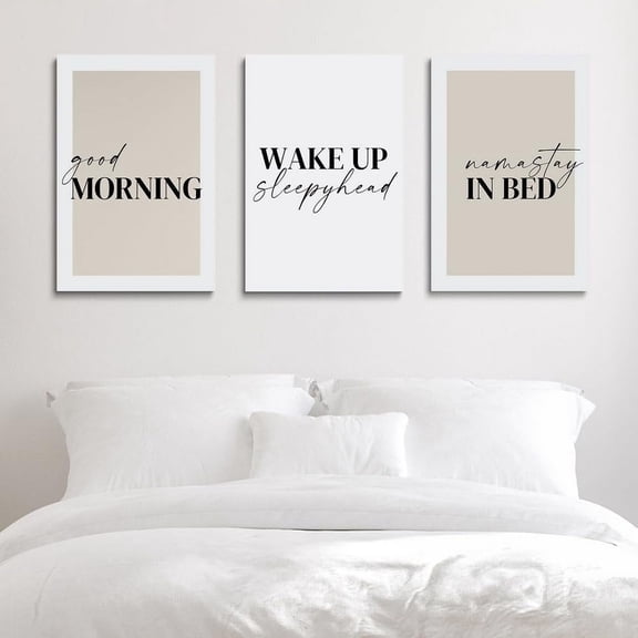 Bedroom Prints Set of 3,Above the Bed Decor,Good Morning Namastay in Bed Canvas Beige and White Bedroom Wall Art Above Bed Wall Art Minimalist Prints Nursery Bedroom Print Bedroom Decor 12"x16"
