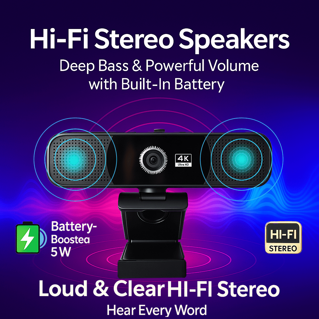 HI-FI Stereo Speakers&Dual Noise-Canceling Mics|4K Ultra HD Autofocus Conference Webcam|Built-In Battery for Streaming&Meetings