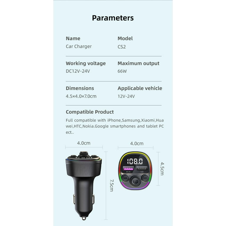 Bluetooth 5.0 FM Transmitter for Car, 66W Fast Charging, Bluetooth