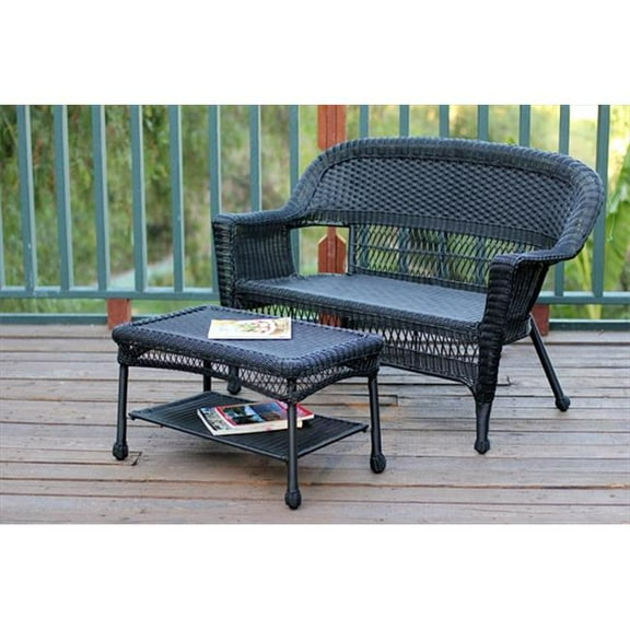 Jeco W00207-LCS Black Wicker Patio Love Seat And Coffee Table Set Without Cushion