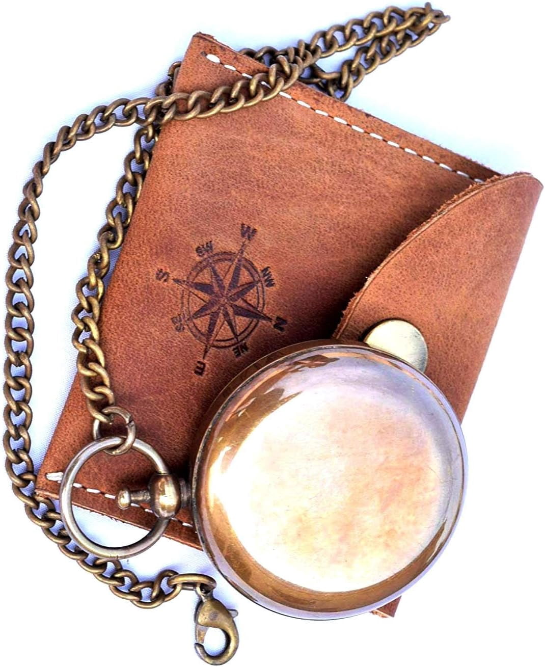 Handmade Nautical Brass Push Open Compass On Chain with Leather Case Pocket Compass Gift