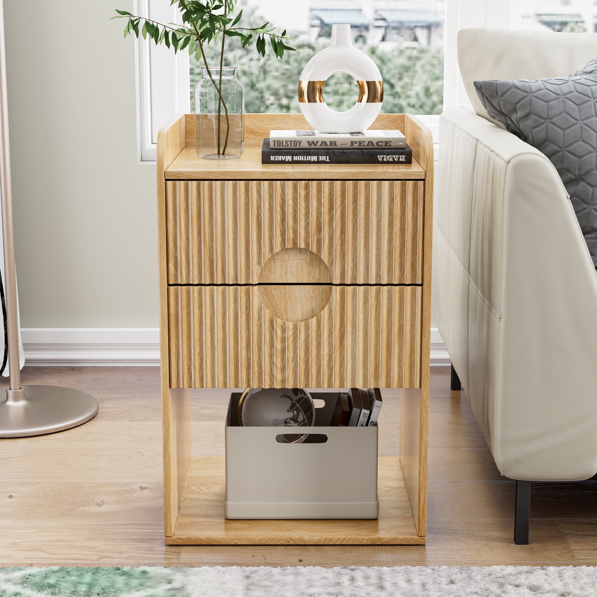 Nightstand Set of 2, End Table with Drawer, Fluted Side Table with Storage, Small bedside Table for Bedroom, Wood