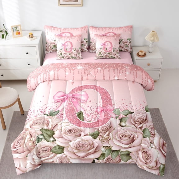 Manfei Bow Alphabet 7-Piece Twin Bedding Sets,Floral Rose Bedding Comforter Set,Sparkling Sequin Breathable Sheet Sets,Luxury Girls Bedroom Decor,Reversible