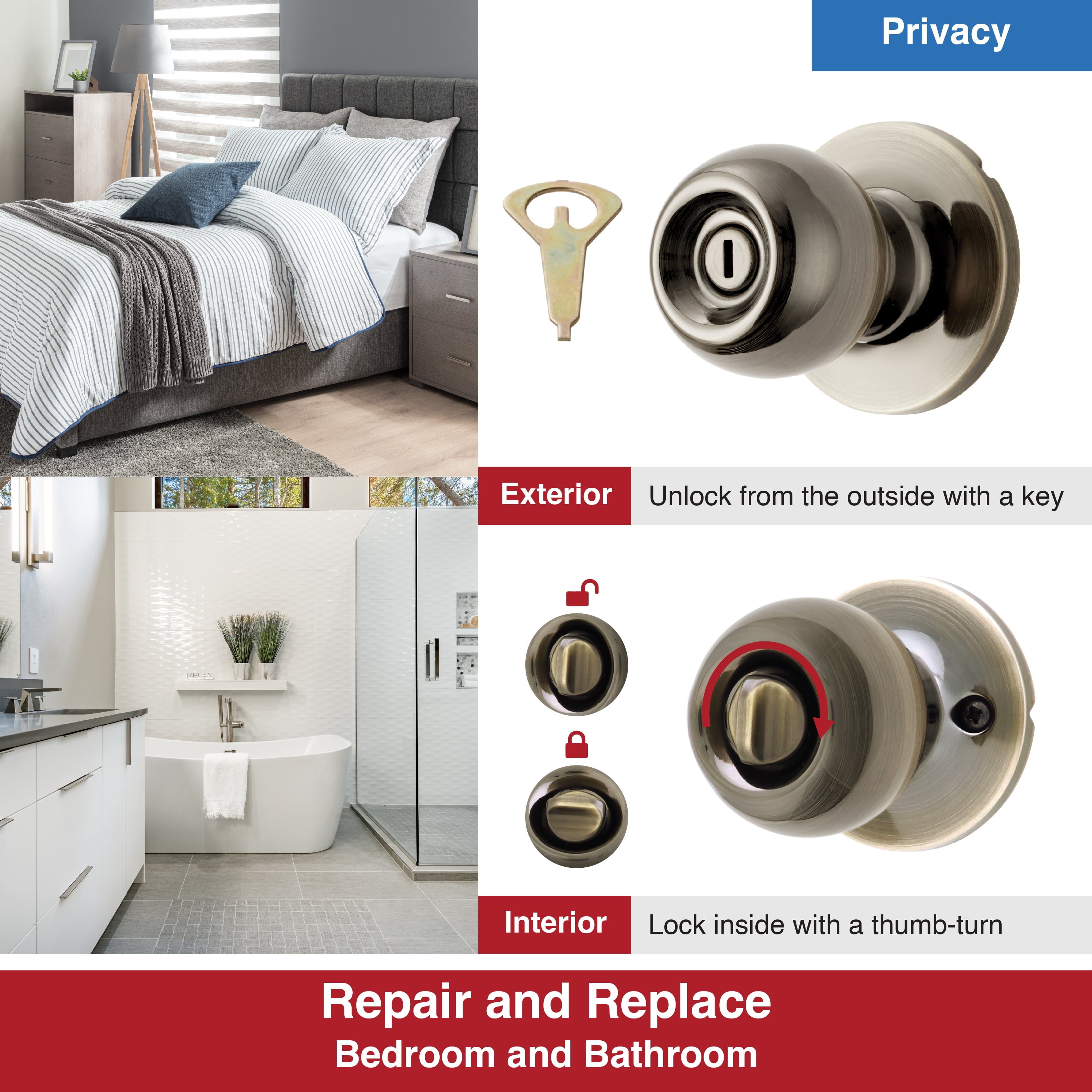 (4 pack) Hyper Tough Interior Locking Ball Privacy Bed and Bath Doorknob Antique Brass Finish