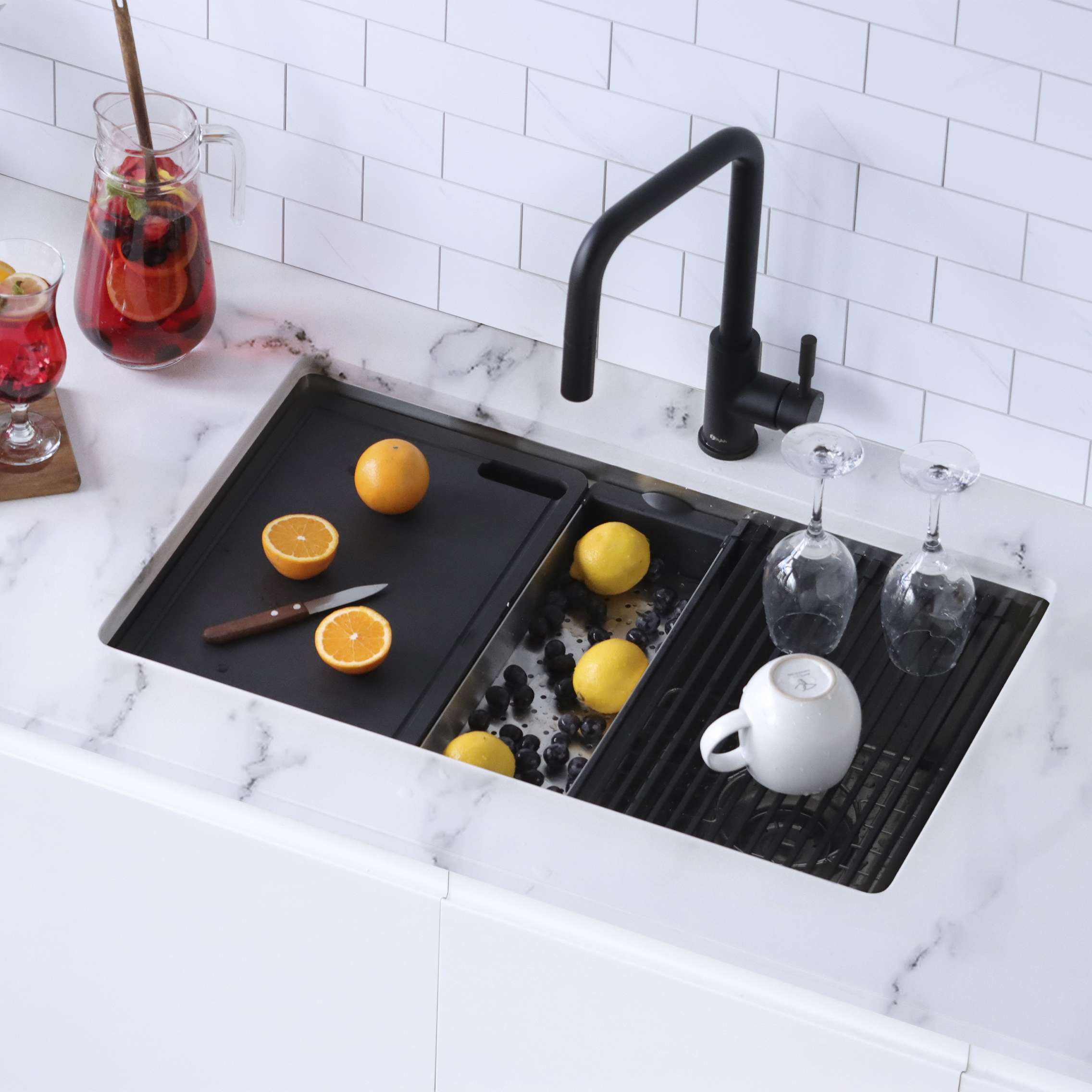 Stylish Stainless Steel Colander (16 ⅞" x 5 ½"), Black Silicone Drying Rack (16 ¾" x 13 ⅛") & Black Cutting Board (16 ⅞" x 11"), A-918KIT