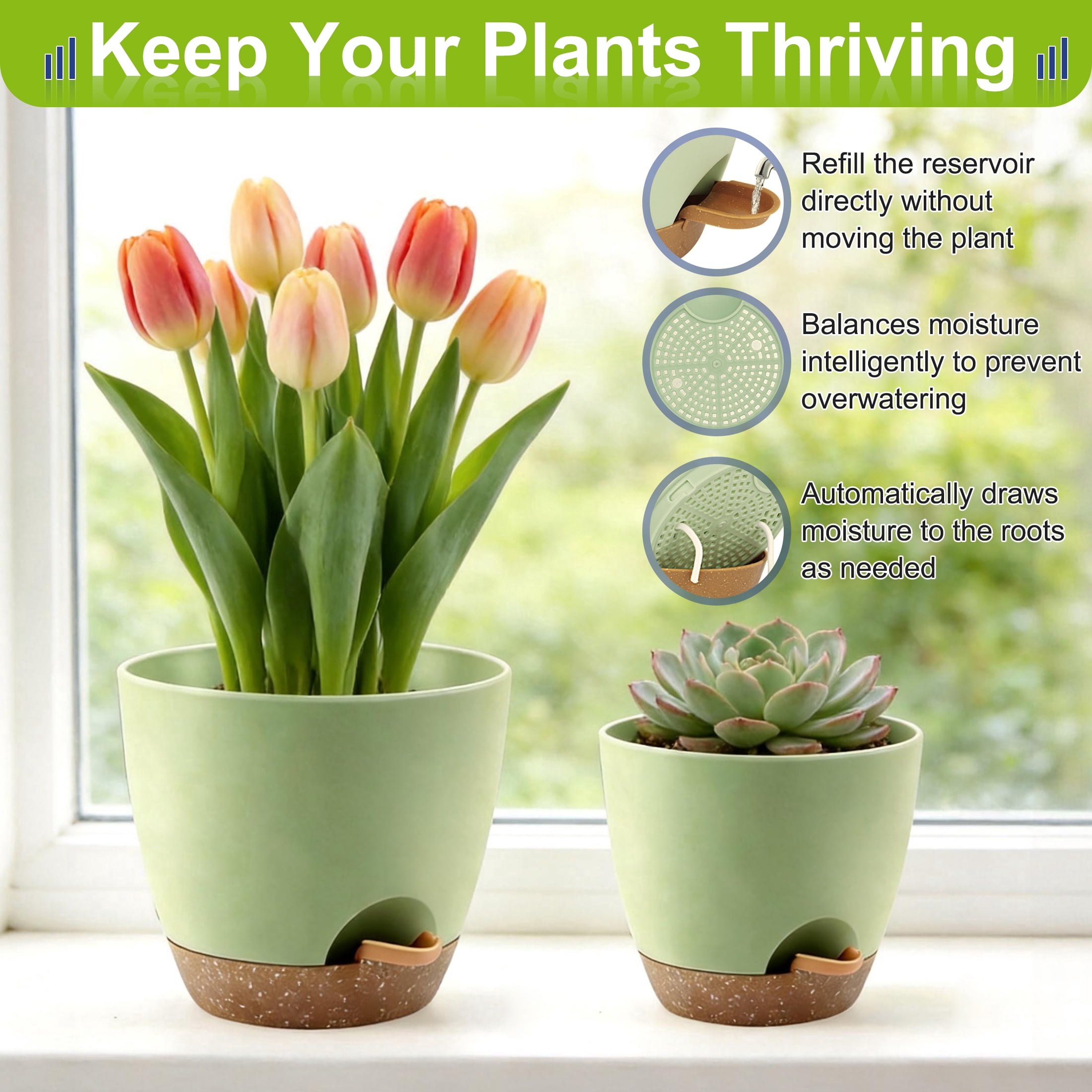 Self Watering Plant Pots Set of 5, 7/6.5/6/5.5/5 Inch Flower Plant Pots, Plastic Flower Pots with Drainage Holes and Saucers, Nursery Planting Pot for Indoor Outdoor Plants