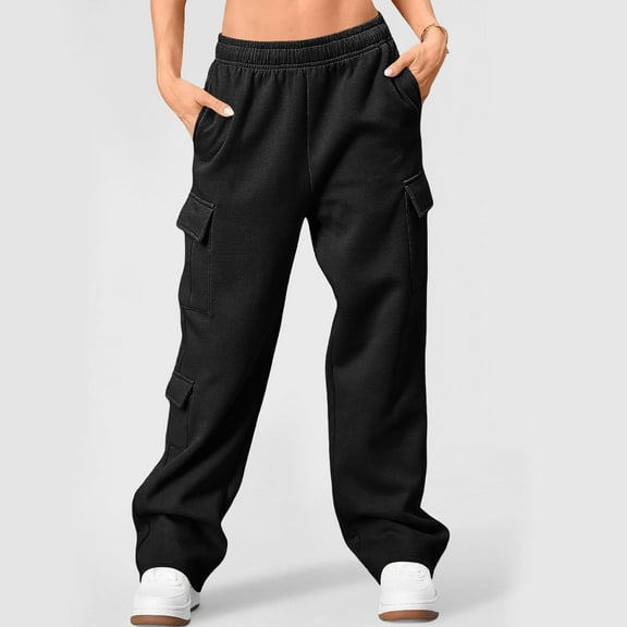 Zylanna Women's Cargo Sweatpants with Pockets, Soft & Warm Elastic Waist Solid Color Baggy Casual Pants for Women Black
