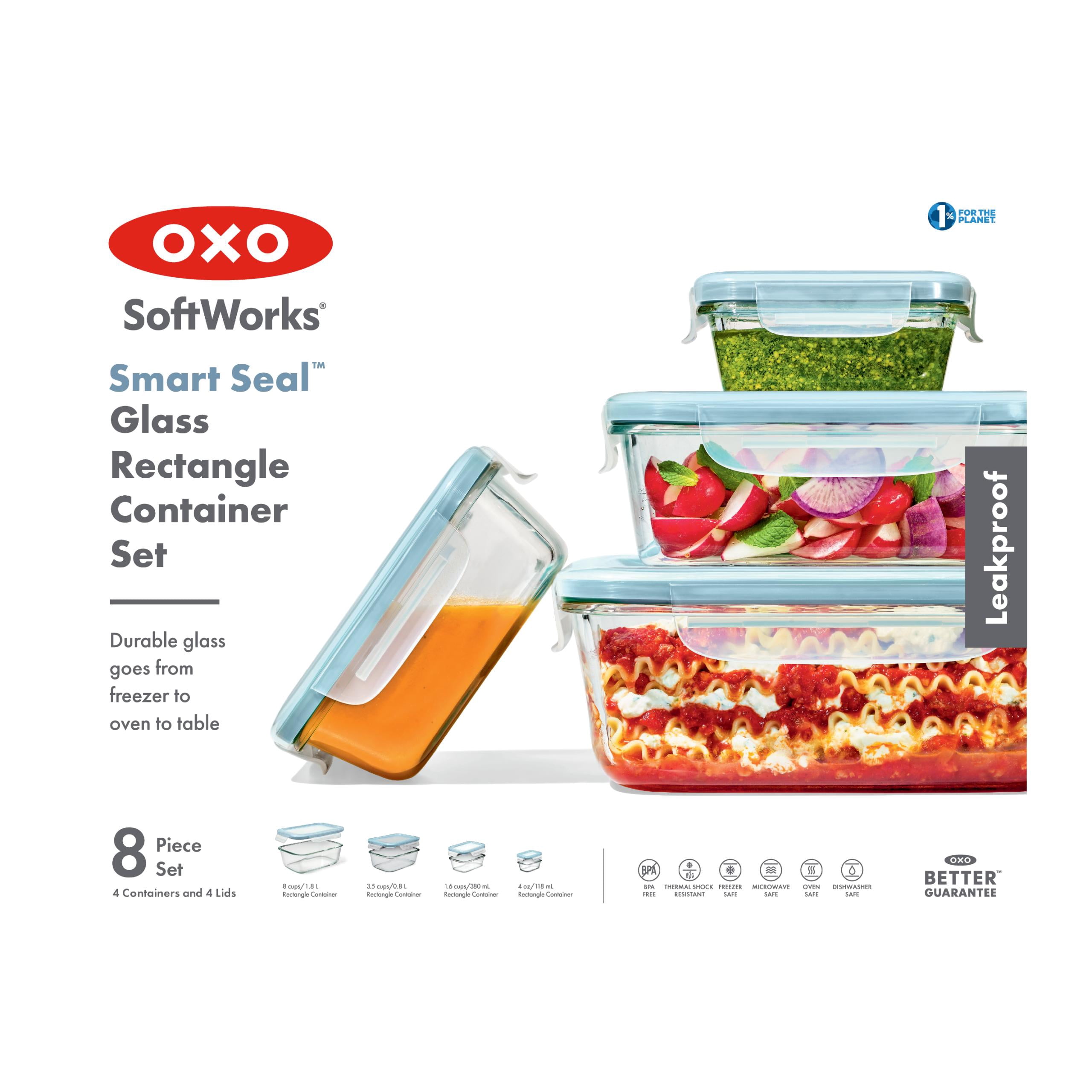 OXO Smart Seal 8-Piece Rectangle Glass Food Storage Container Set, Arctic Blue