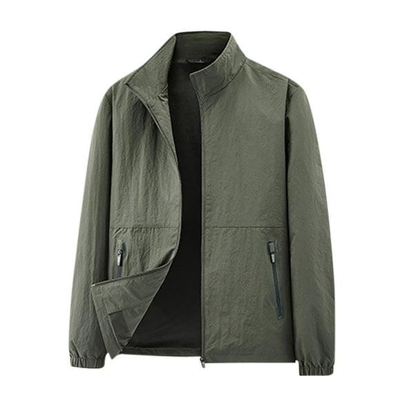 ZCFZJW Mens Lightweight Windbreaker Full Zip Up Long Sleeve Stand Collar Jackets Light Casual Fall Outwear Coat with Zipper Pockets Army Green L