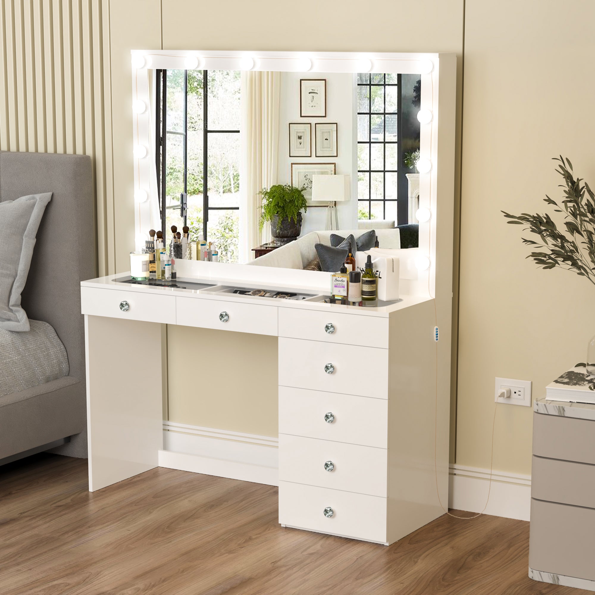 Boahaus Serena Modern White Painted Makeup Vanity Table with Lights