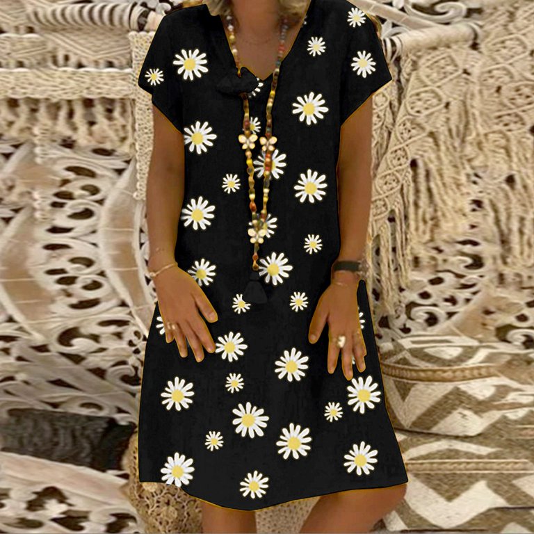 Outfmvch black dresses for women Plus Size Casual Daisy Printed V-neck  Short Sleeve Loose Knee-Length Dress womens dresses fall dresses -  Walmart.com